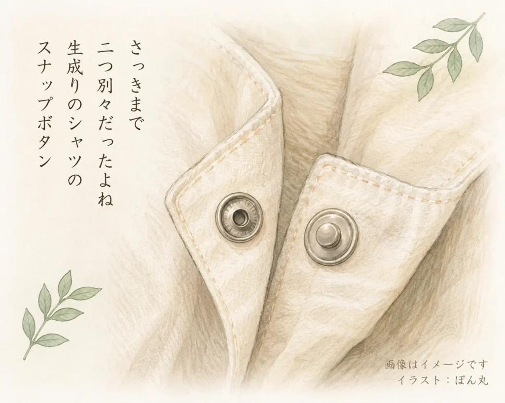 alt: 生成り色のシャツの胸元を近くから描いたやわらかなイラスト。左右に分かれていたスナップボタンが、今まさに留められようとしている。布地には淡い皺があり、静かな初夏の空気感。左側に短歌が縦書きで添えられている。「画像はイメージです」「イラスト:ぽん丸」の表記あり。