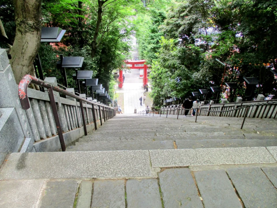 愛宕神社の「出世の石段」を上から見下ろした写真。緑の木々に囲まれた急な石段がまっすぐ下へ伸び、左右には手すりと石の柵が続いている。石段の下には赤い鳥居が見え、参拝者が上り下りしている。この石段は、江戸時代に曲垣平九郎が将軍徳川家光の命を受け、馬で駆け上がって梅の枝を手折ったという逸話から「出世の石段」と呼ばれている。